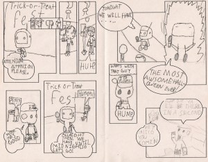 Comic Book Workshop New Mexico student, Nathaniel Romero, illustrates a Trick-Or-Treat comic.